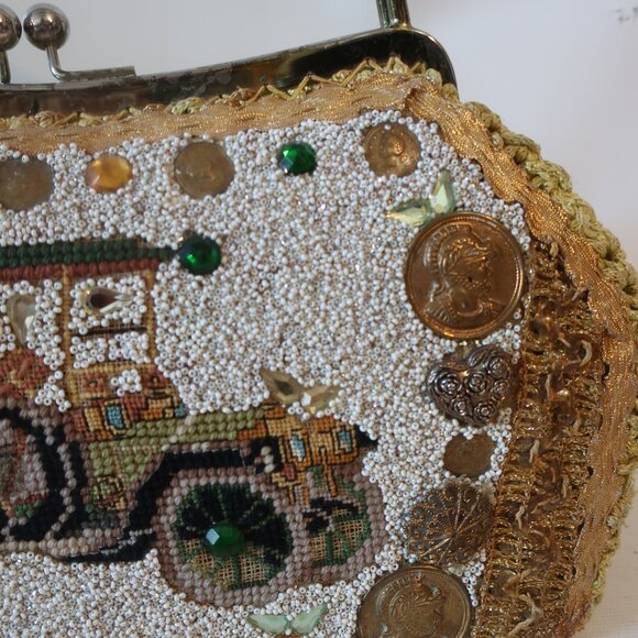 Womens Caron Multicolor Crochet Beaded Embroidery Packard Limousine Satchel Bag - Picture 4 of 16